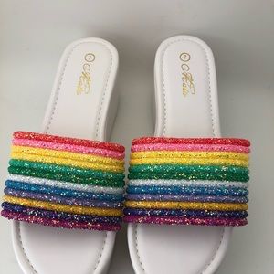white Platform Sandals Rainbow Strap Size 7